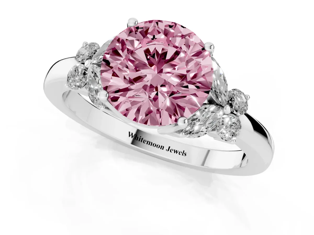 Fancy Pink Round Cut Cut Solitaire Floral Diamond Ring with Four-Prong Setting Platinum