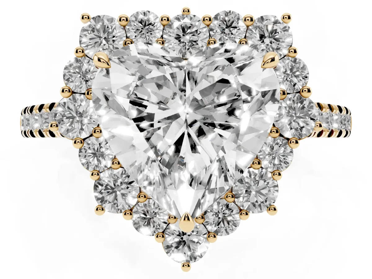 Heart Cut Halo Diamond Ring with Pavé Band and Prong Setting Yellow gold