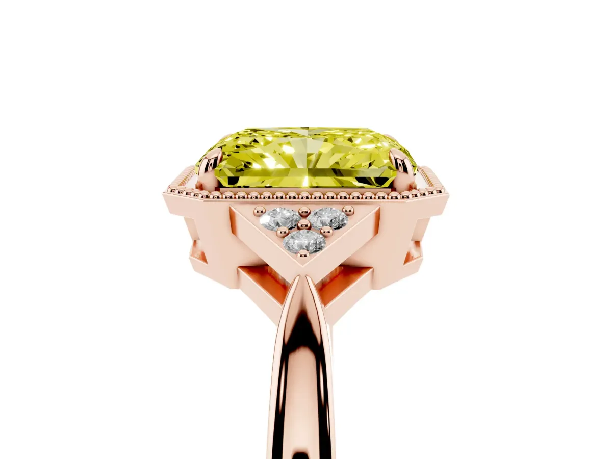Fancy Yellow Hexagonal Halo Radiant Cut Diamond Solitaire with Pavé Band and Four-Prong Setting Rose gold