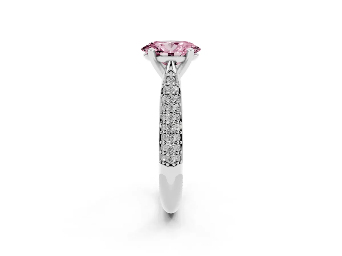 Fancy Pink Oval Cut Diamond Solitaire Engagement Ring with Multi-Row Round Pavé Band and Prong Setting Silver