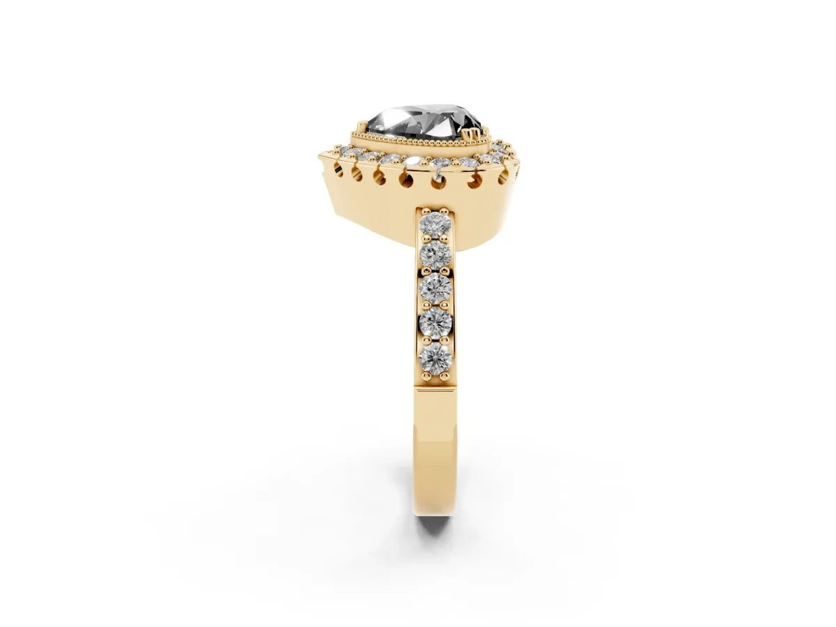 Fancy Black Heart Cut Diamond Halo Ring with Pavé Band and Prong Setting Yellow gold
