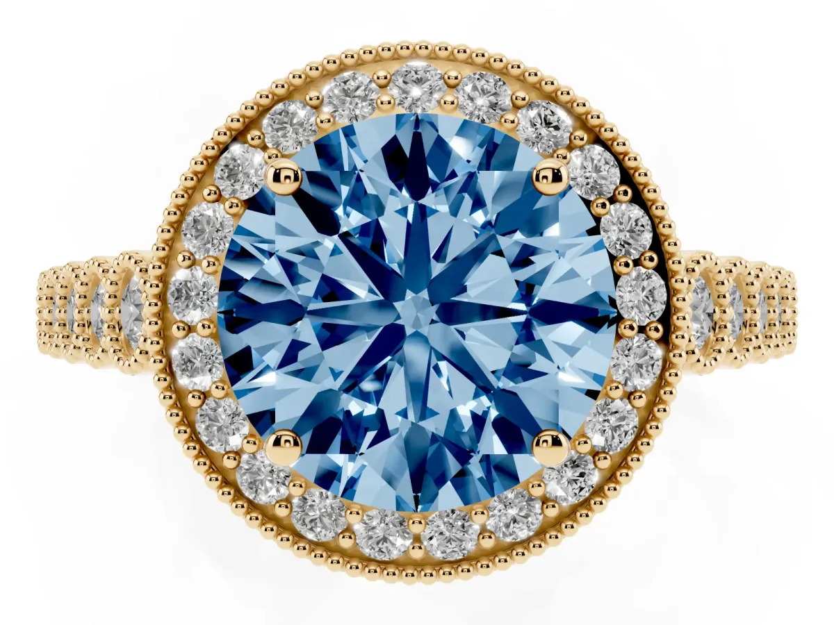 Fancy Blue Round Cut Halo Milgrain Solitaire with Bezel Set Side Stones and Pave Band Yellow gold
