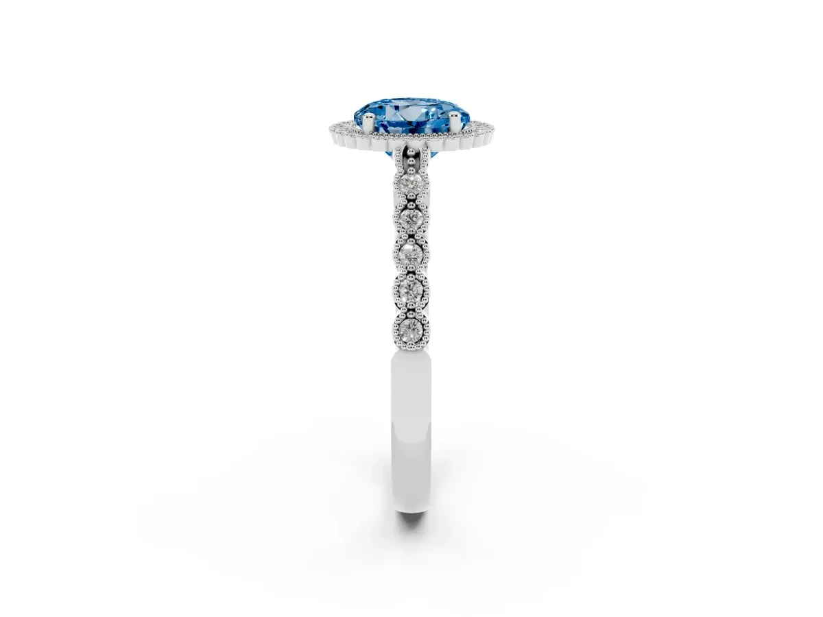 Fancy Blue Round Cut Cut Halo Pavé Solitaire Ring with Milgrain Band Silver