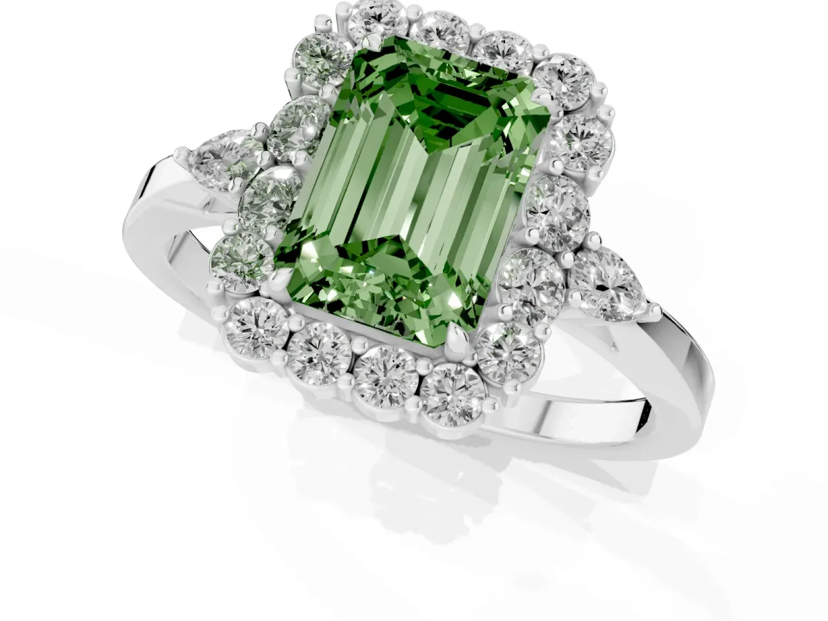 Fancy Green Emerald Cut Diamond Halo Ring with Pear Side Stones and Prong Setting Silver