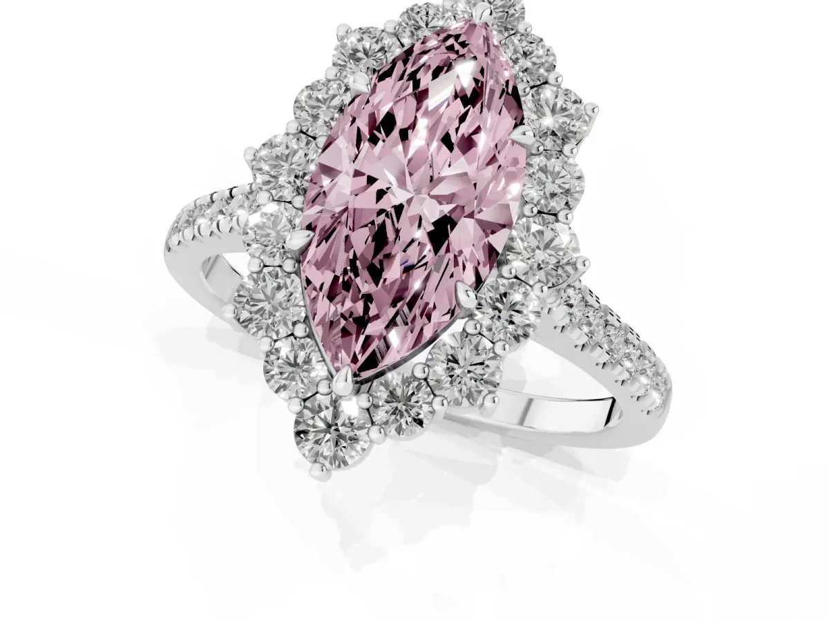 Fancy Pink Marquise Cut Halo Diamond Ring with Pavé Band and Prong Setting Silver