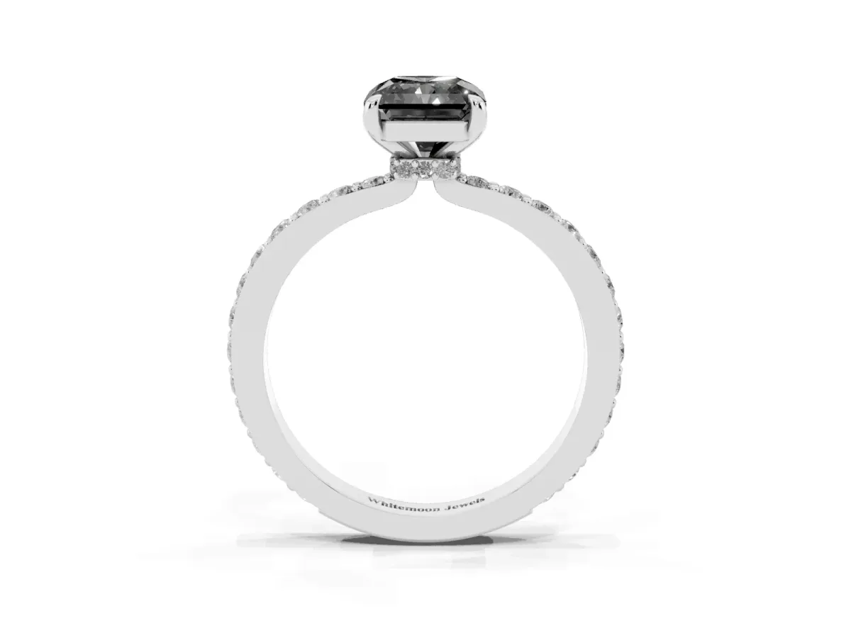 Fancy Black Radiant Cut Diamond Pavé Engagement Ring with Round Accents and Prong Setting Silver