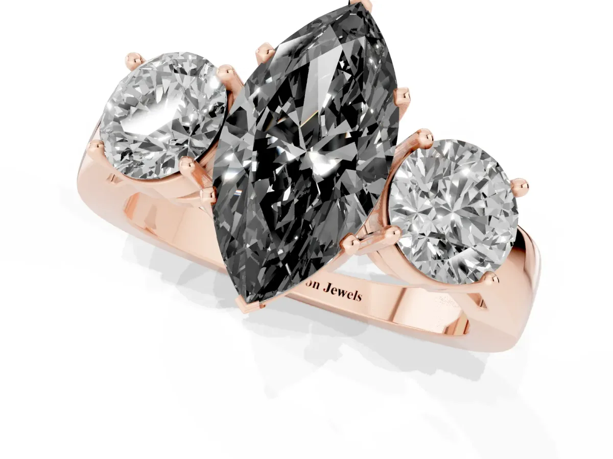 Fancy Black Three-Stone Marquise Cut Diamond Ring with Round Side Stones, Classic Band, and Four-Prong Setting Rose gold