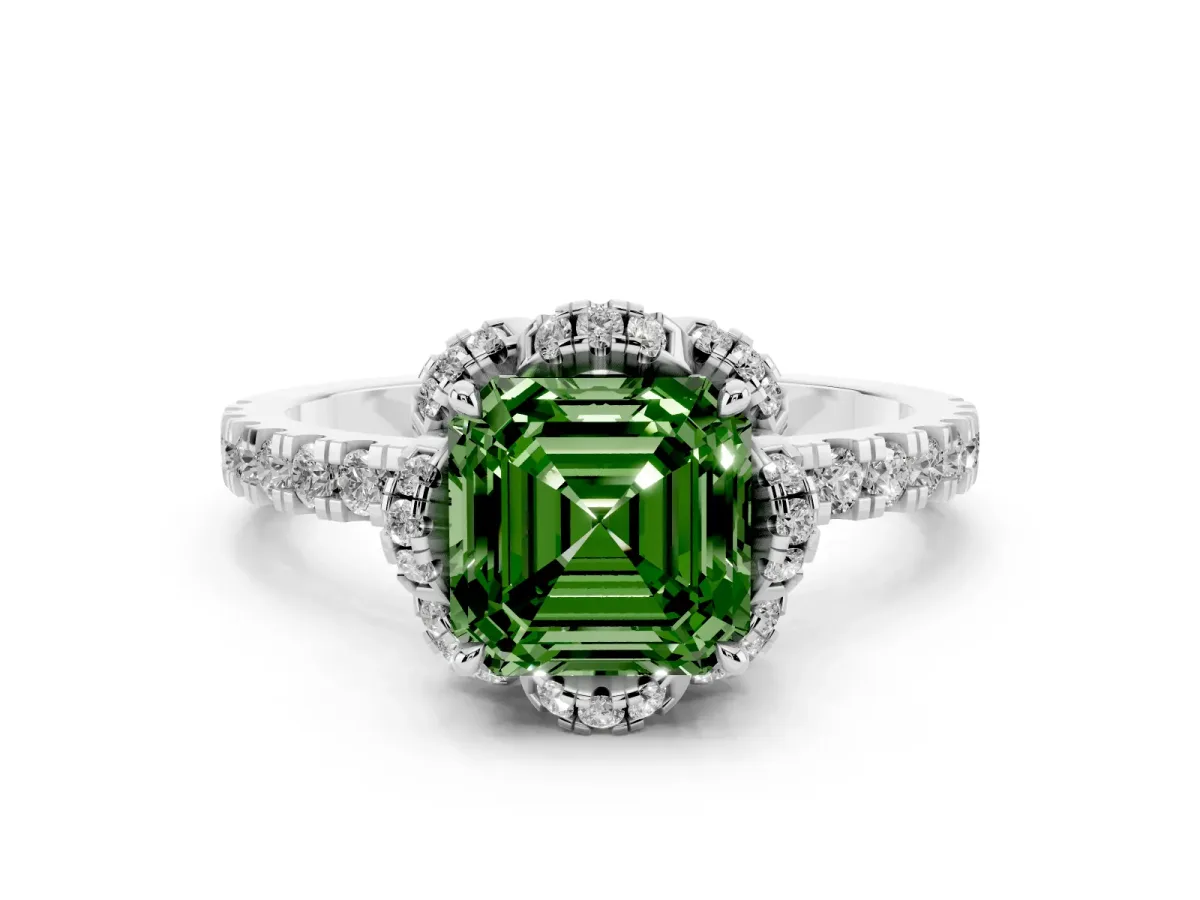 Fancy Green Asscher Cut Halo Diamond Pave Band Ring with Four-Prong Setting Silver