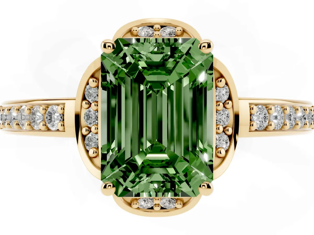Fancy Green Emerald Cut Cut Halo Diamond Ring with Channel Set Band and Four-Prong Setting Yellow gold