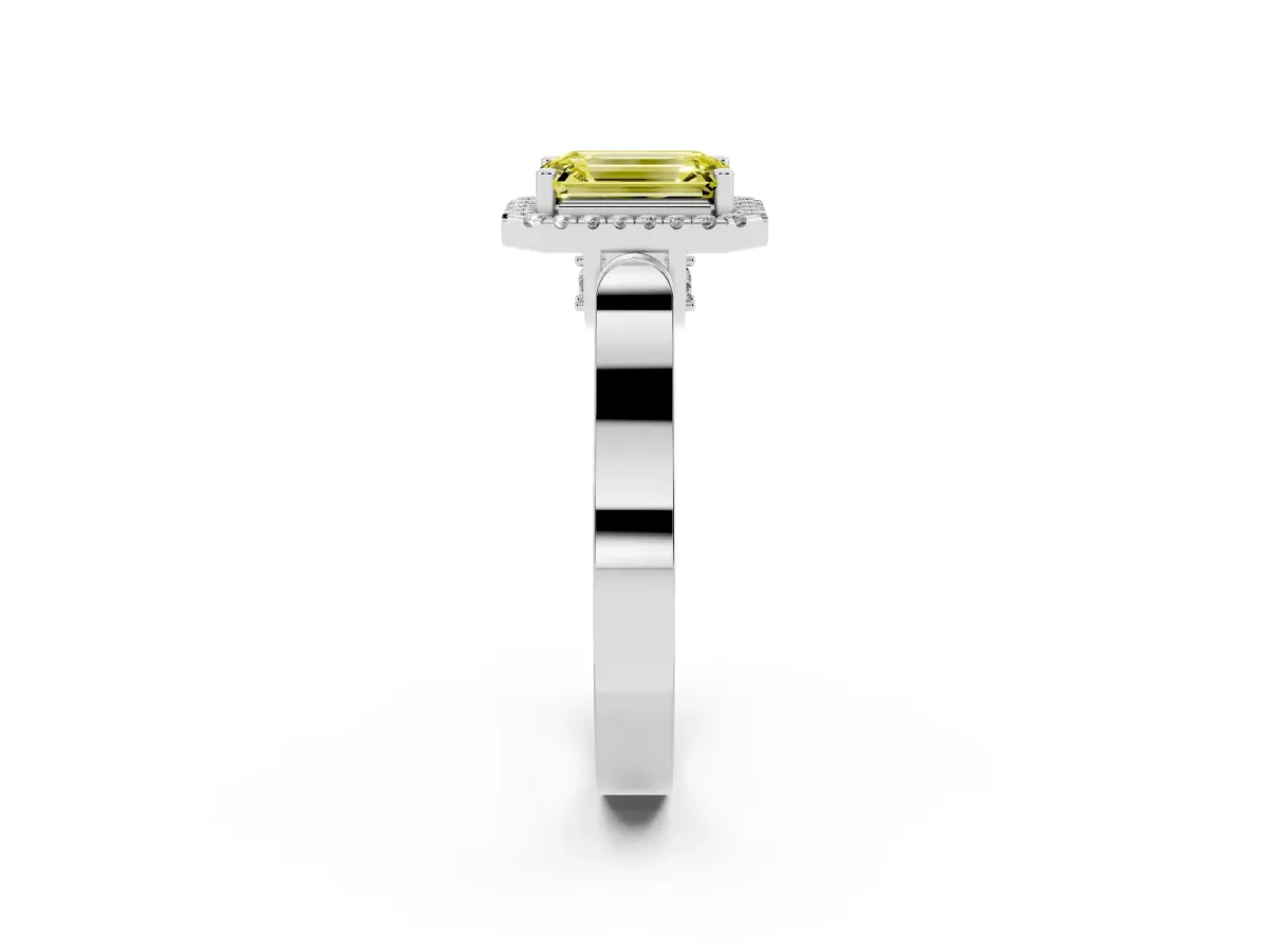 Fancy Yellow Emerald Cut Halo Round Diamond Twist Band with Four-Prong Setting White gold
