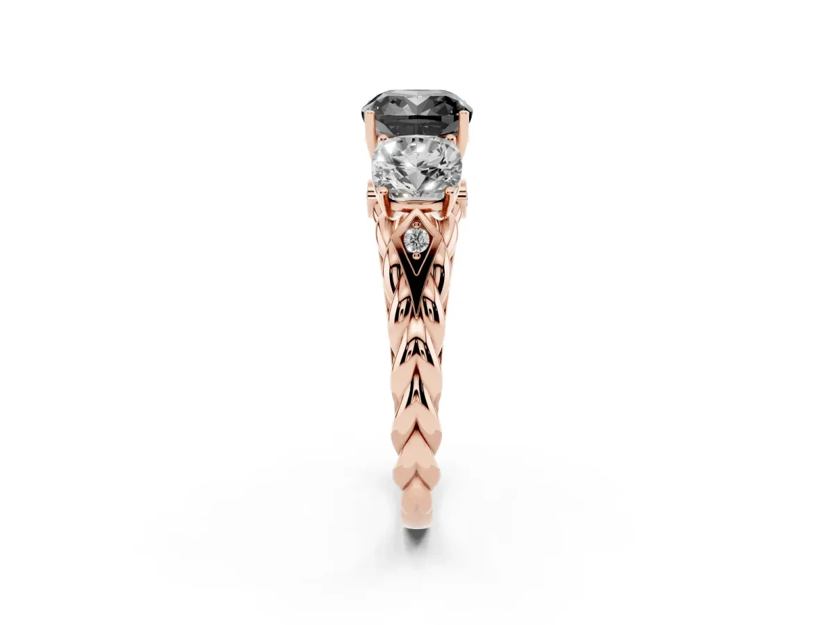 Fancy Black Three-Stone Cushion Cut Diamond Braided Band Ring with Four-Prong Setting Rose gold
