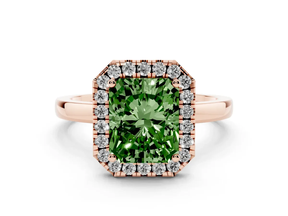 Fancy Green Radiant Cut Halo Diamond Solitaire with Pavé Band and Four-Prong Setting Rose gold