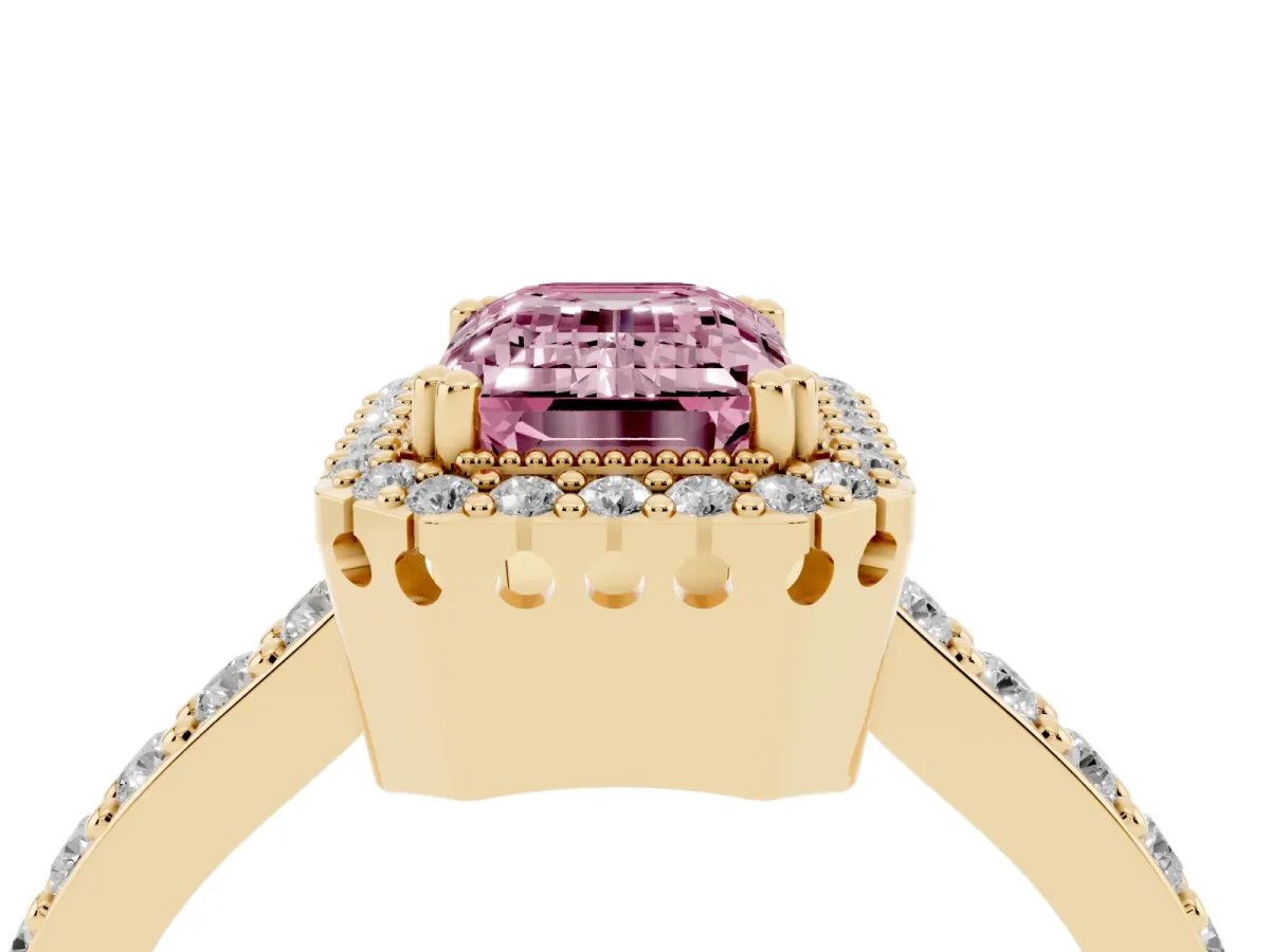 Fancy Pink Emerald Cut Cut Diamond Halo Engagement Ring with Milgrain Detail and Pavé Band Yellow gold