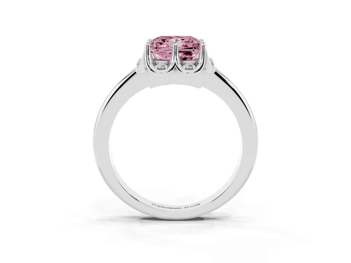 Fancy Pink Princess Cut Halo Diamond Ring with Round Cluster Setting, Solitaire Band, and Four-Prong Setting Platinum