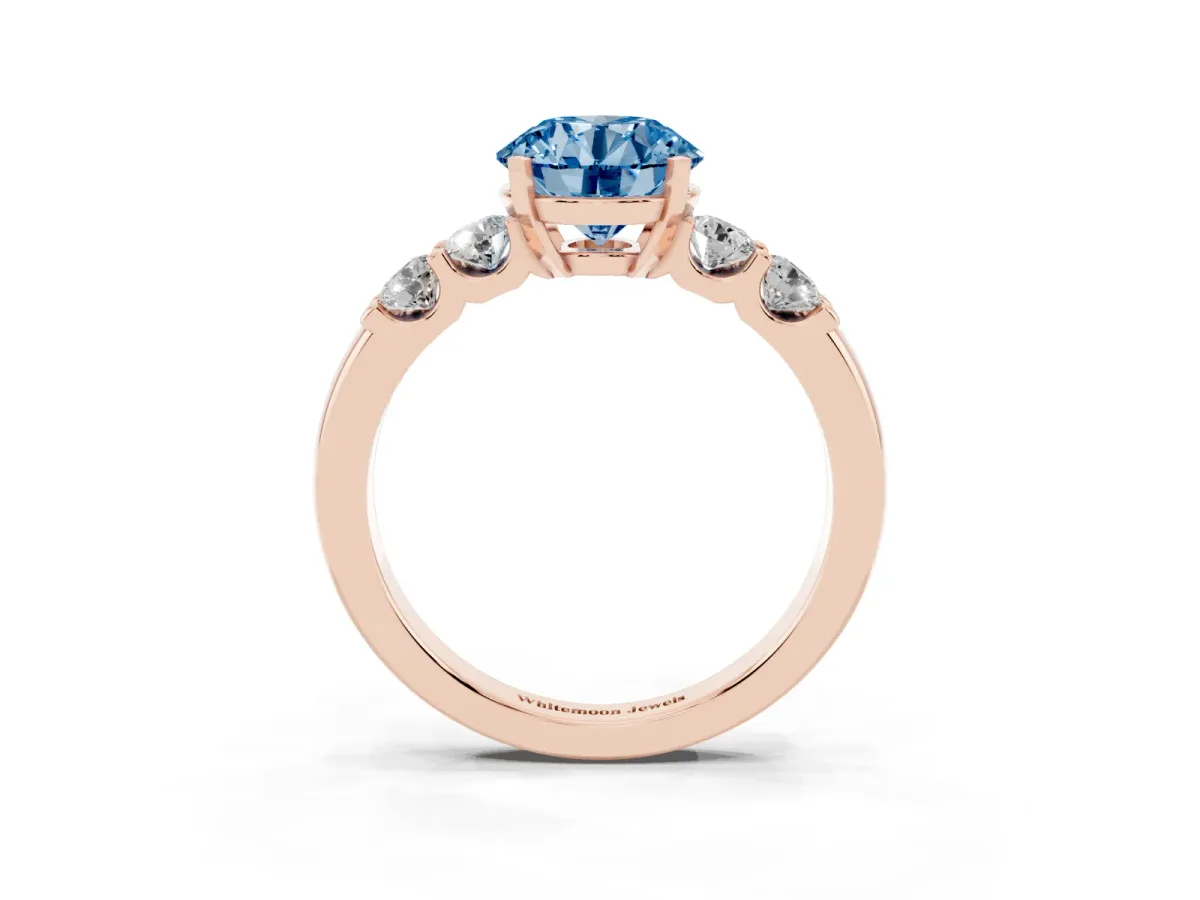 Fancy Blue Round Cut Brilliant Cut Diamond Five-Stone Prong Set Engagement Ring with Channel Band Rose gold