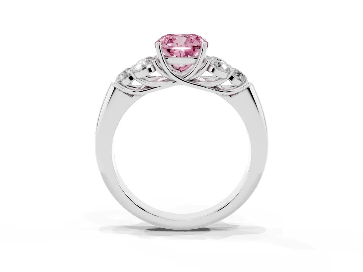 Fancy Pink Cushion Cut Cut Diamond Cluster Ring with Round Accent Stones and Prong Setting on a Classic Band Platinum