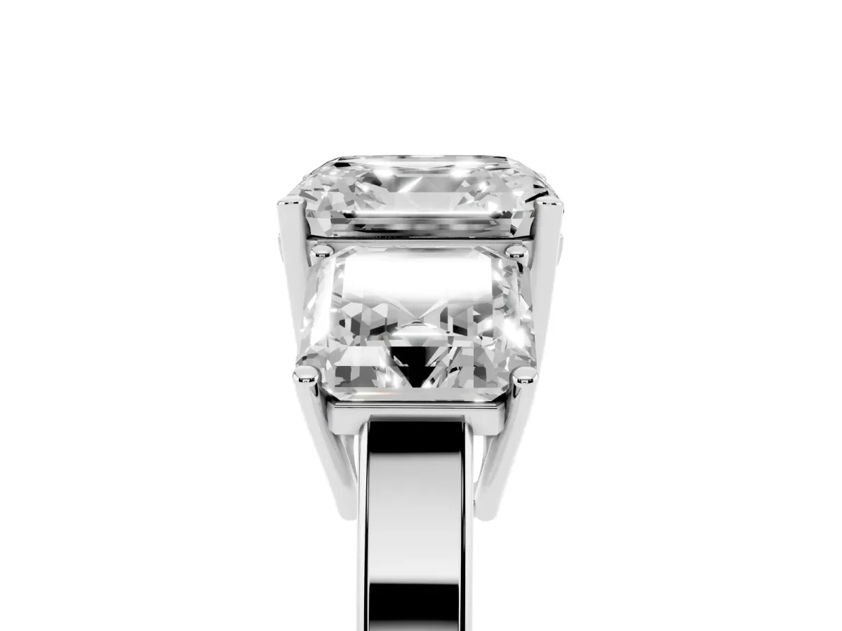 Three-Stone Asscher Cut Cut Diamond Engagement Ring with Flat Band and Four-Prong Setting Platinum