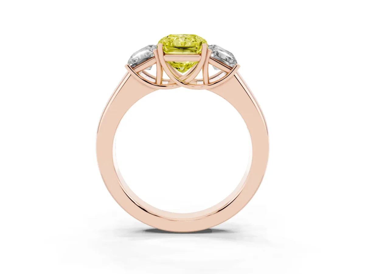 Fancy Yellow Three-Stone Radiant Cut Cut Diamond Ring with Prong Setting and Classic Band Rose gold