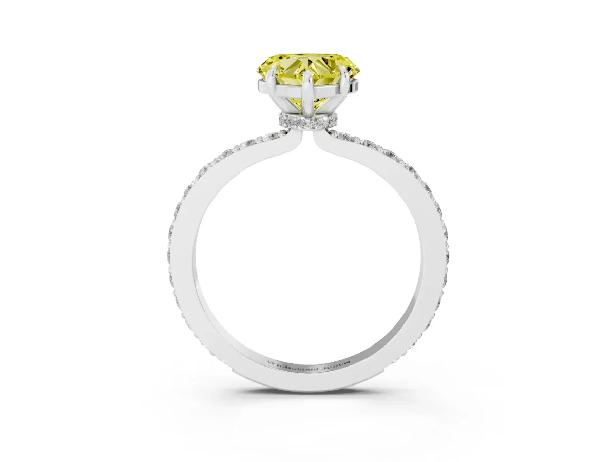 Fancy Yellow Heart Cut Diamond Pavé Engagement Ring with Round Accents and Prong Setting Silver