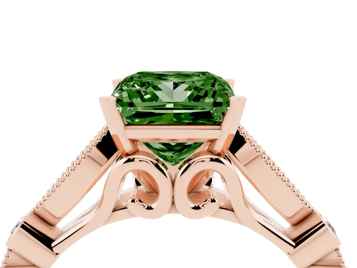 Fancy Green Princess Cut Cut Diamond with Milgrain Marquise and Bezel Accents on a Solitaire Band with Prong Setting Rose gold