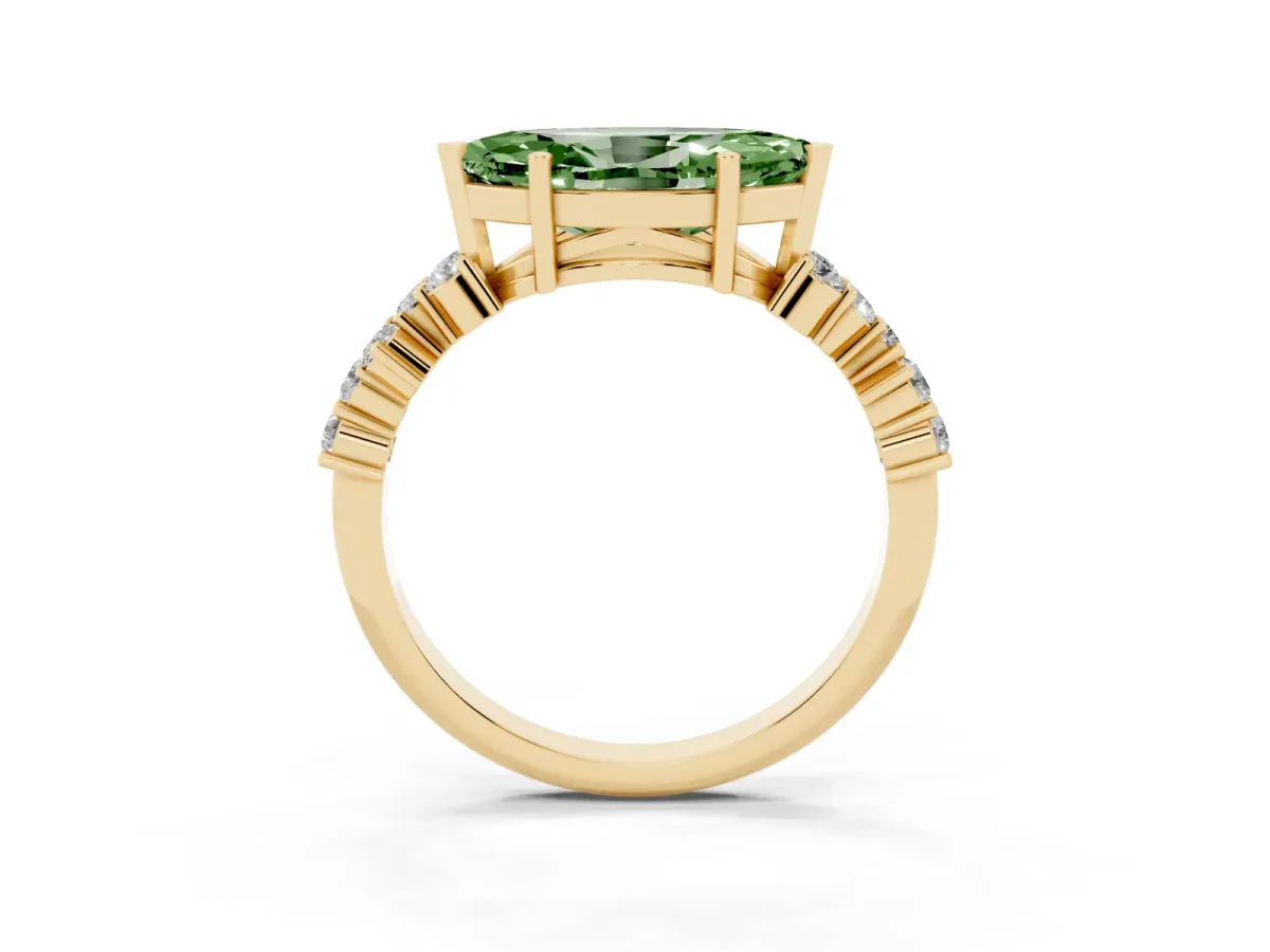 Fancy Green Marquise Cut Diamond Scattered Round Accent Ring with Prong Setting Yellow gold