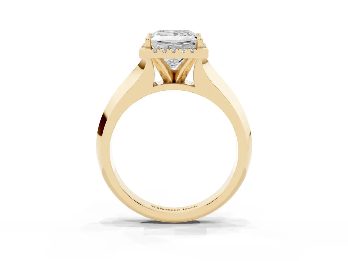 Princess Cut Halo Diamond Ring with Cathedral Band and Four-Prong Setting Yellow gold