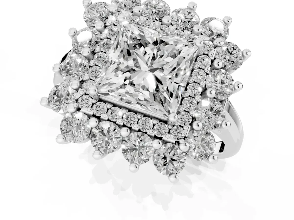Princess Cut Diamond Floral Double Halo Engagement Ring with Prong Setting Silver