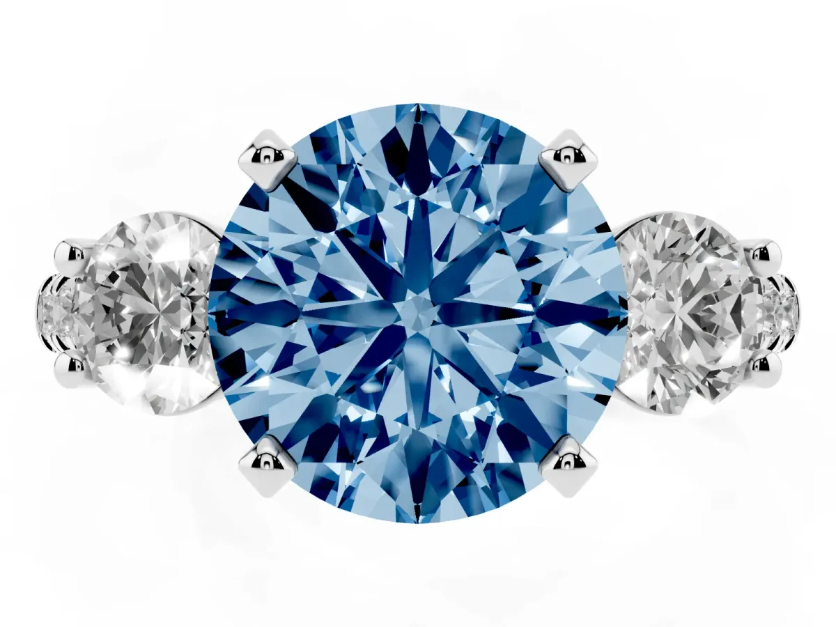 Fancy Blue Three-Stone Round Cut Diamond Pavé Band with Four-Prong Setting Silver