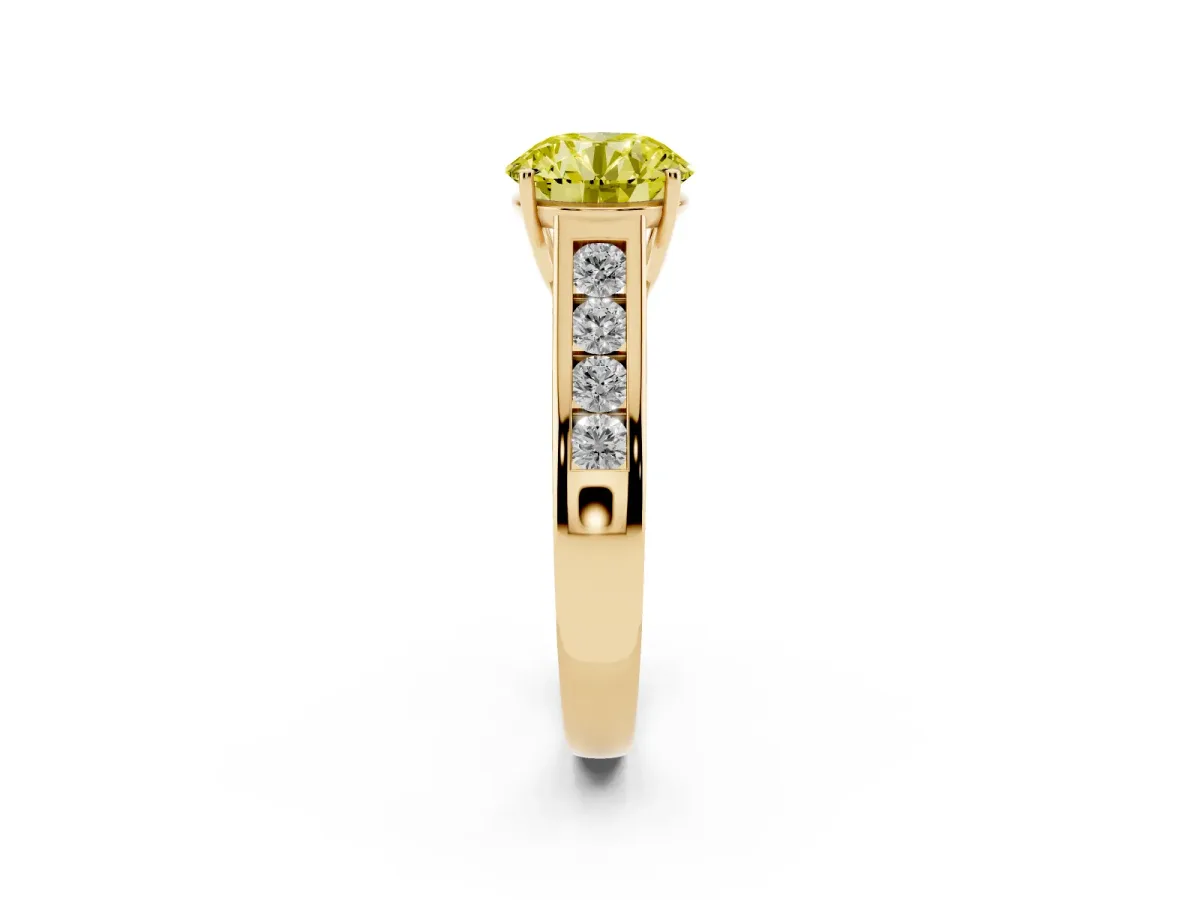 Fancy Yellow Round Cut Solitaire Channel-Set Diamond Engagement Ring with Four-Prong Setting Yellow gold