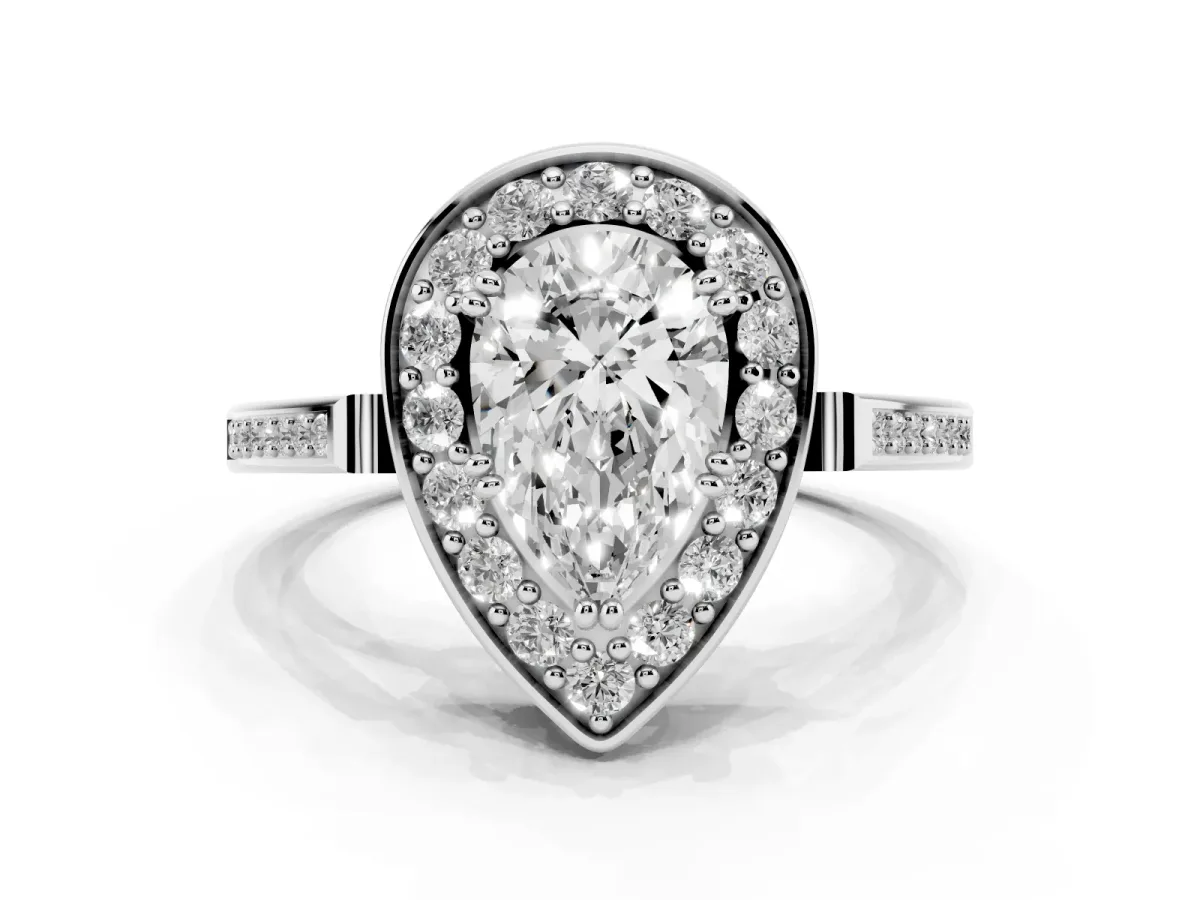 Pear Cut Diamond Halo Ring with Split Shank and Four-Prong Setting Silver