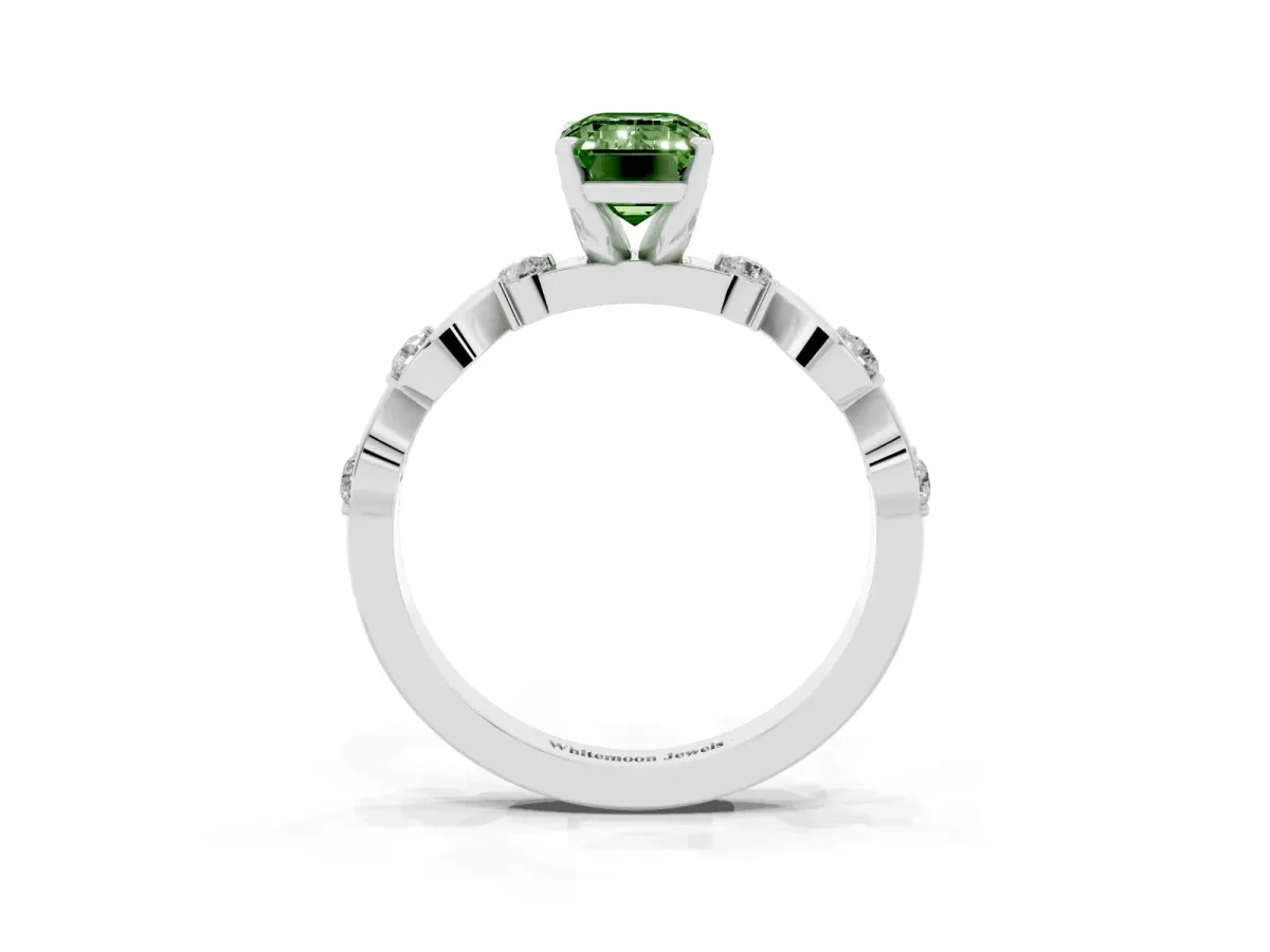 Fancy Green Emerald Cut Diamond Solitaire Twisted Band with Round Accents and Prong Setting White gold