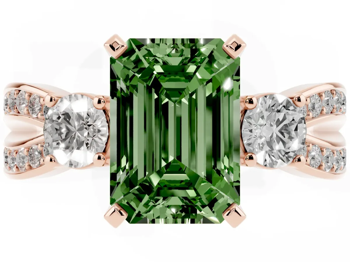 Fancy Green Three-Stone Emerald Cut Cut Diamond Twist Band with Prong Setting Rose gold