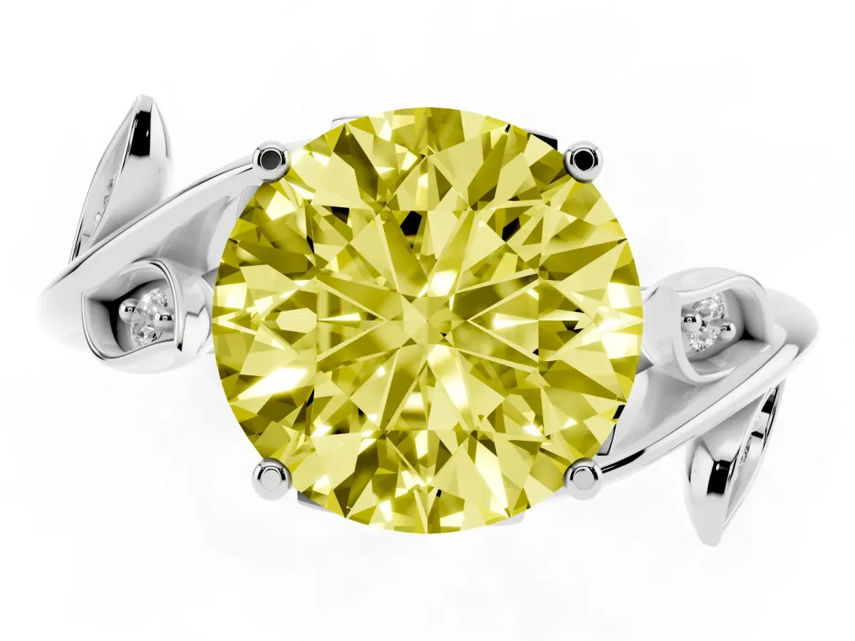 Fancy Yellow Round Cut Solitaire Twist Engagement Ring with Leaf Accents and Prong Setting Silver