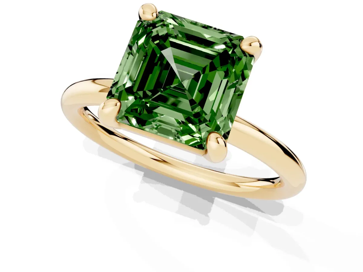 Fancy Green Asscher Cut Solitaire Diamond Ring with Four-Prong Setting on a Plain Band Yellow gold