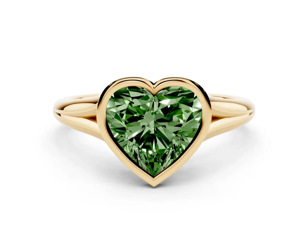 Fancy Green Bezel Set Heart Cut Cut Solitaire Ring with Tapered Band Yellow gold
