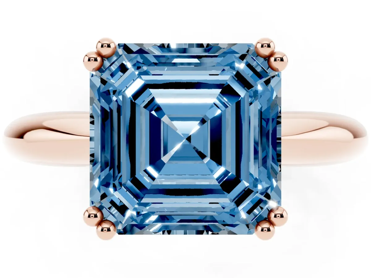 Fancy Blue Asscher Cut Cut Solitaire Engagement Ring with Tapered Band and Four-Prong Setting Rose gold