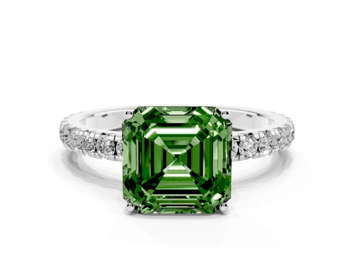 Fancy Green Asscher Cut Diamond Pavé Solitaire Engagement Ring with Four-Prong Setting Silver