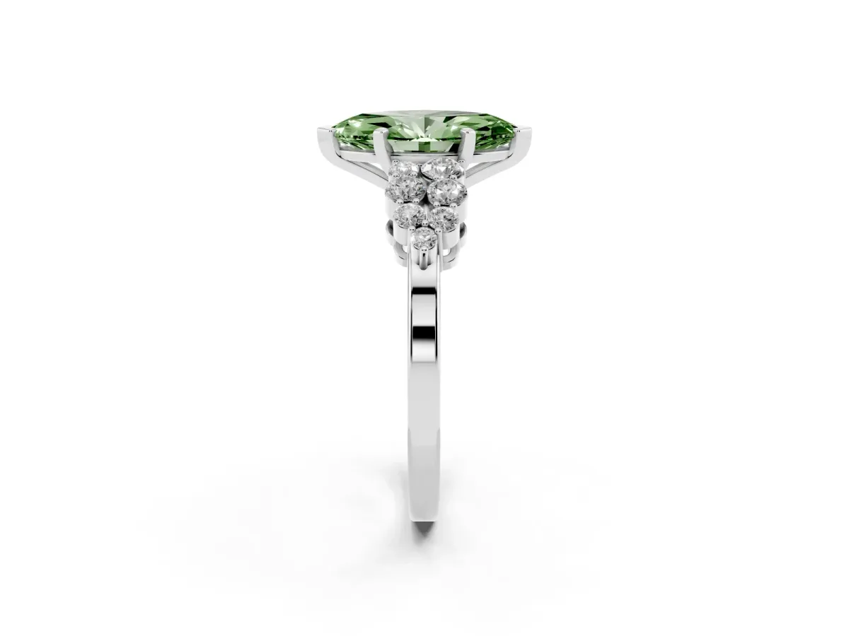Fancy Green Marquise Cut Cluster Diamond Engagement Ring with Pavé Band and Four-Prong Setting White gold