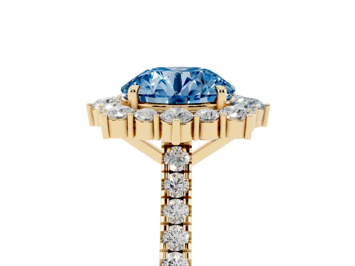 Fancy Blue Round Cut Halo Diamond Ring with Pavé Band and Prong Setting Yellow gold