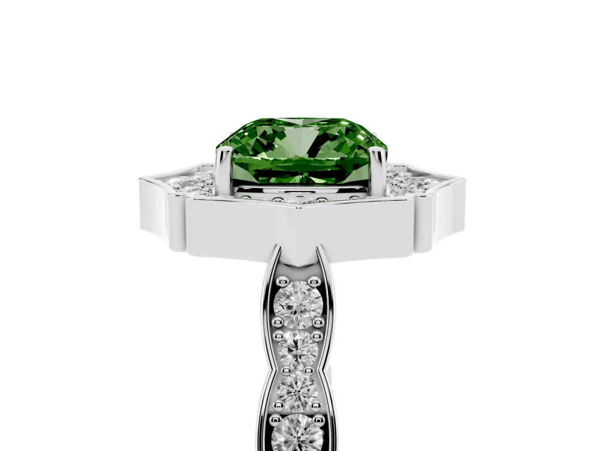 Fancy Green Cushion Cut Halo Diamond Engagement Ring with Milgrain Band and Four-Prong Setting White gold