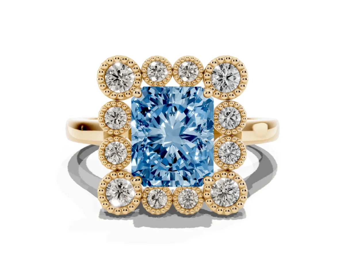 Fancy Blue Radiant Cut Halo Diamond Cluster Engagement Ring with Milgrain Bezel Setting and Solitaire Band Yellow gold
