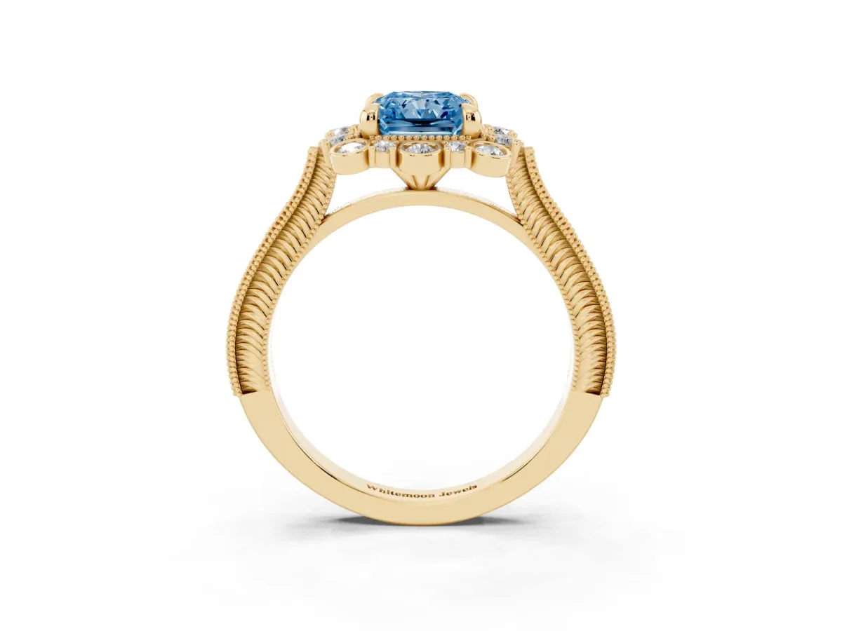 Fancy Blue Radiant Cut Halo Milgrain Pave Diamond Ring with Four-Prong Setting Yellow gold