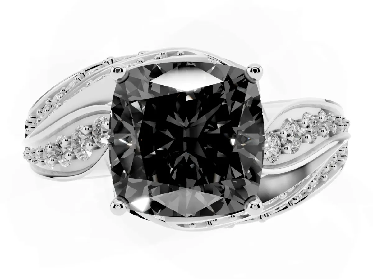 Fancy Black Cushion Cut Diamond Solitaire Ring with Prong Setting and Twisted Pavé Band Silver