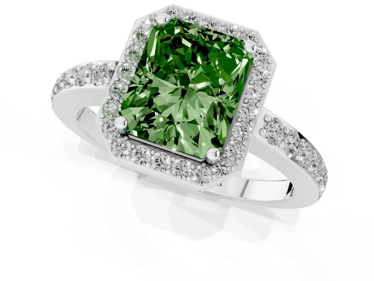 Fancy Green Radiant Cut Halo Diamond Pavé Band Ring with Prong Setting Silver