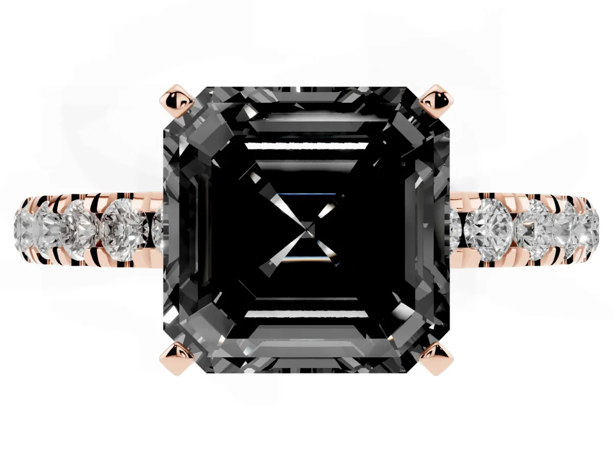 Fancy Black Asscher Cut Diamond Solitaire Ring with Pavé Accents and Four-Prong Setting Rose gold