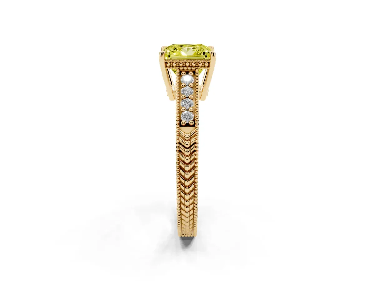 Fancy Yellow Princess Cut Solitaire Pavé Diamond Milgrain Engagement Ring with Four-Prong Setting Yellow gold