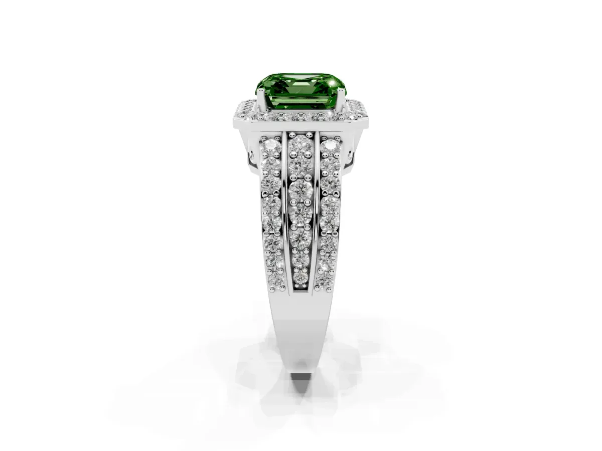 Fancy Green Asscher Cut Halo Diamond Ring with Round Split Shank and Prong Setting Silver