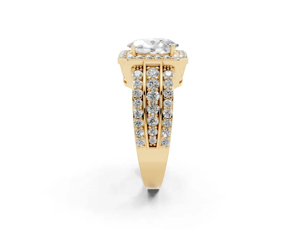 Oval Cut Halo Diamond Ring with Round Split Shank and Prong Setting Yellow gold
