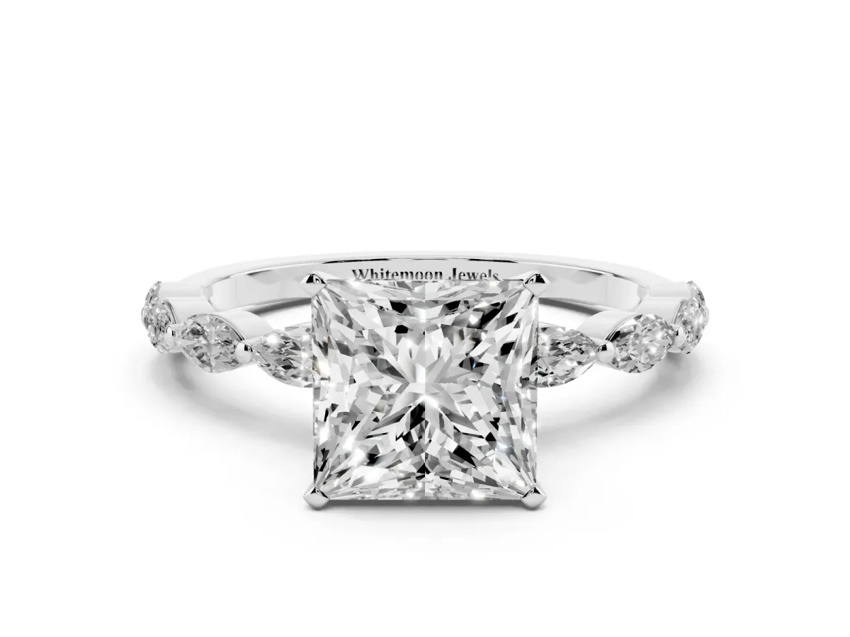Princess Cut Diamond Ring with Marquise Side Stones and Prong Setting White gold