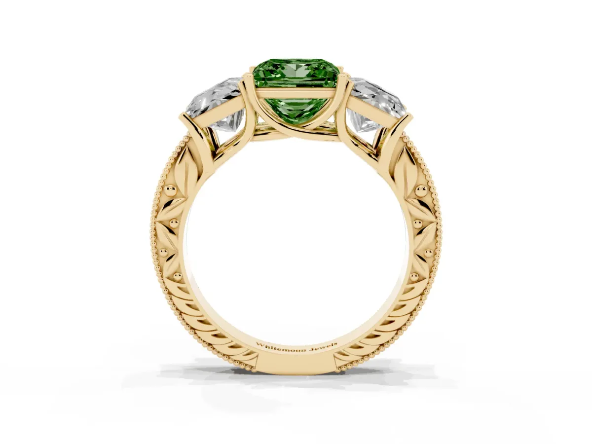 Fancy Green Three-Stone Princess Cut Cut Milgrain Pavé Engagement Ring Yellow gold